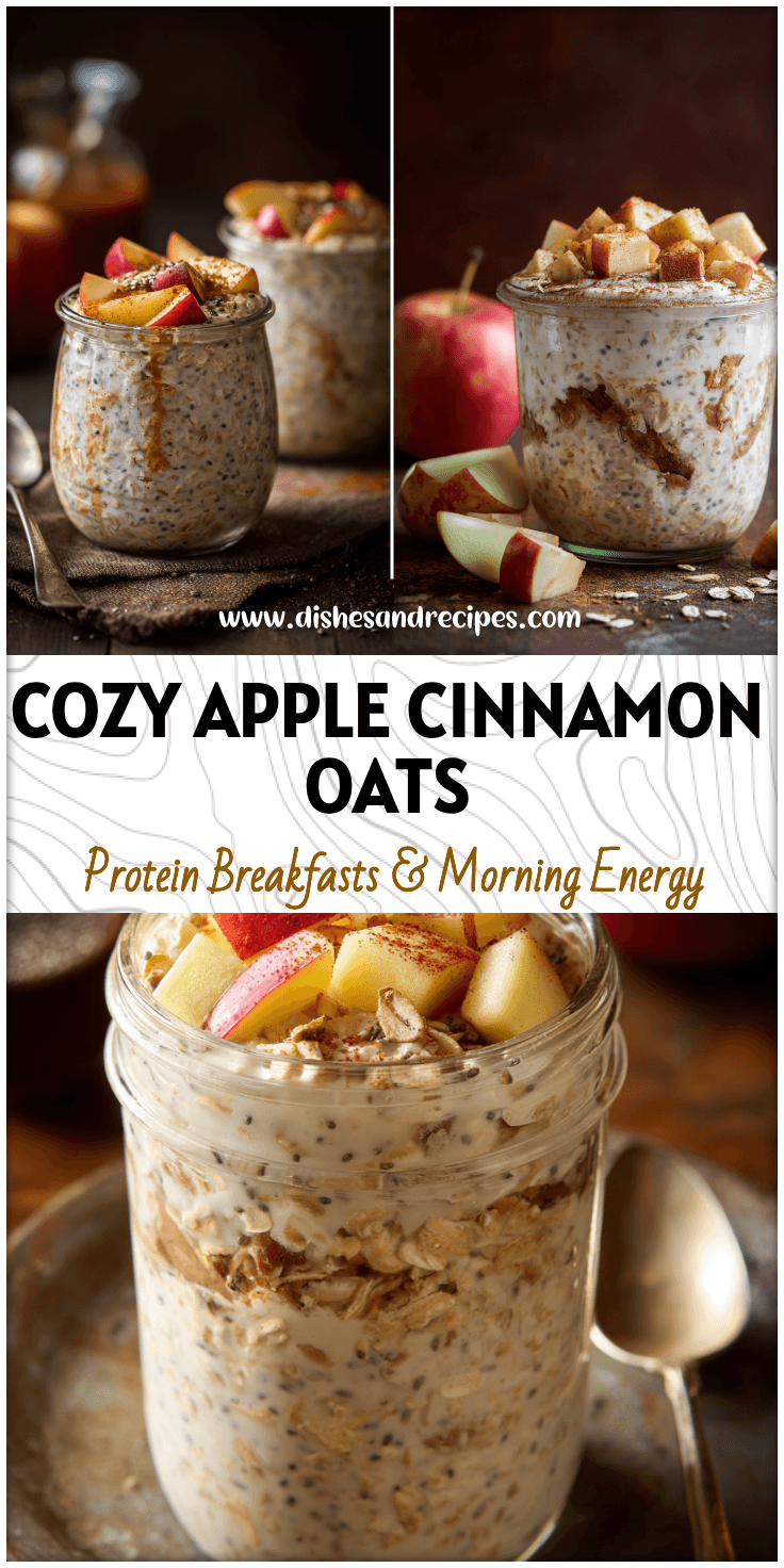 Jar of apple cinnamon overnight oats topped with fresh apples and chia seeds on a rustic table.